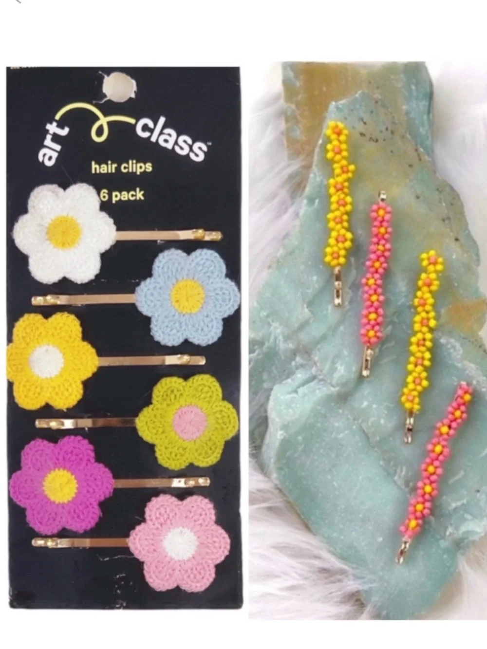 Boho Flower Hair Clips Crochet Daisy‎ & Embellished Beaded Flower Bobby Pins Set